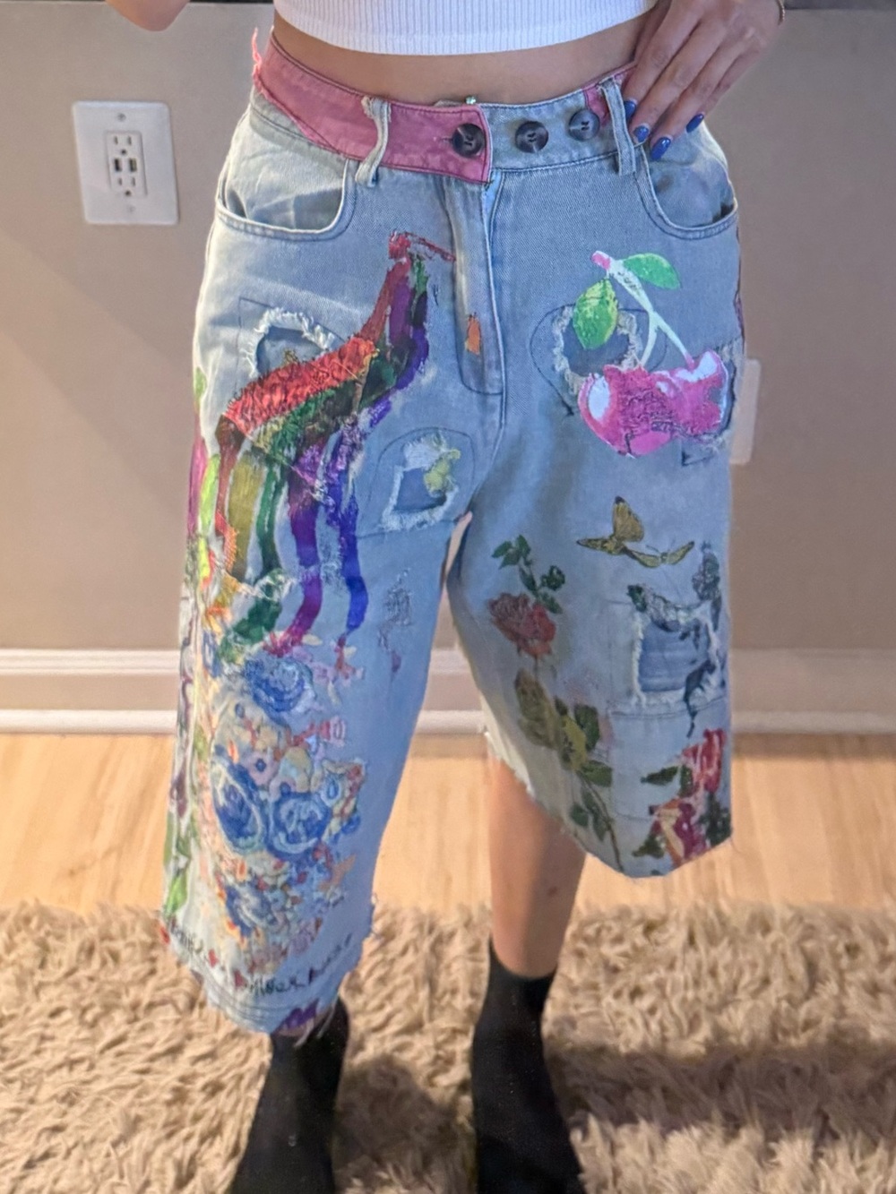 Artisan Embroidered Light Wash Denim Bermuda Shorts - Pink Accent